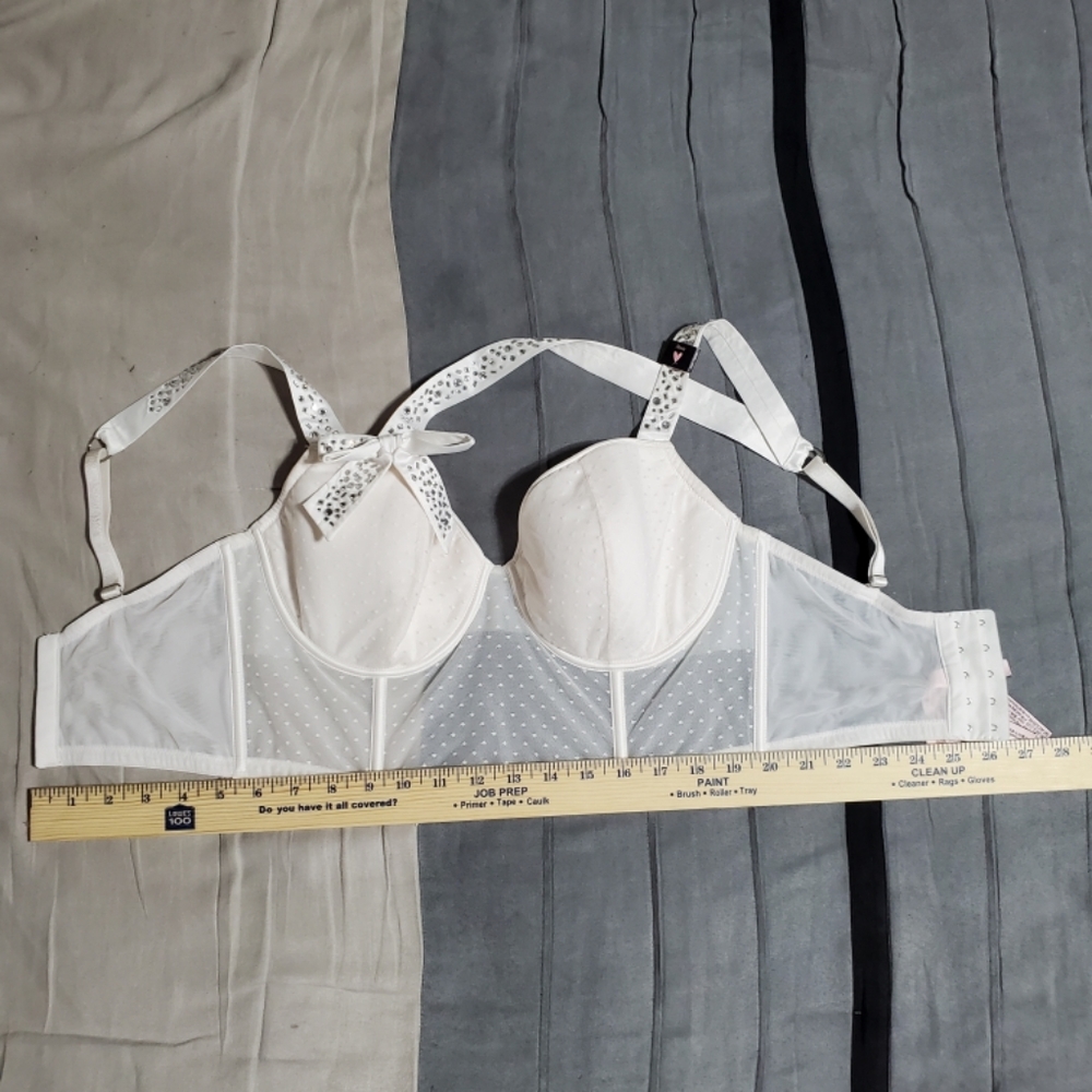 SET VICTORIA Secret White Sheer Bling Bow Lace Dots Dream Angels Corset 36 DD - Picture 14 of 14